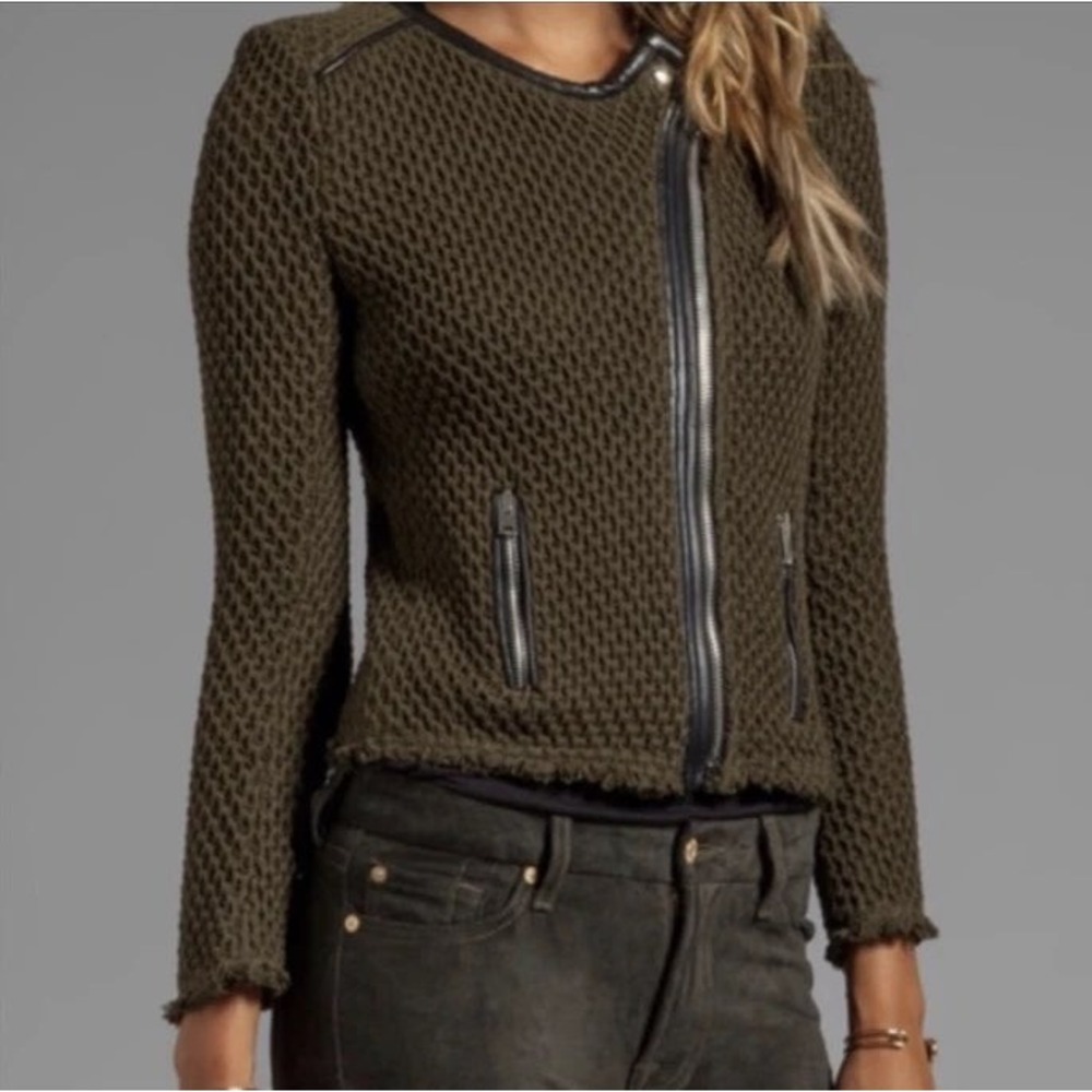 IRO Miali Olive Green Waffle Knit Moto Jacket Leather Trim Size 2 / Small